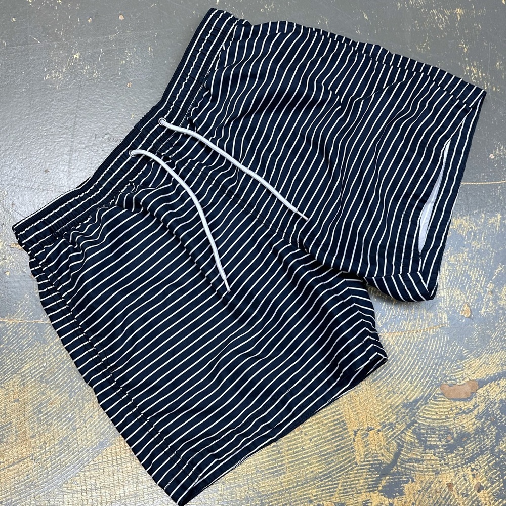 H&M Nylon Swim Shorts Mens Navy Blue White Stripes Large Trunks - Picture 1 of 11